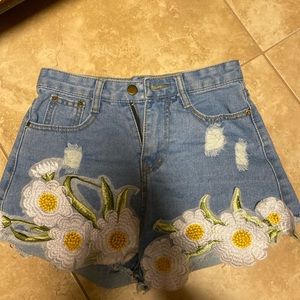 Flowered Jeans Shorts